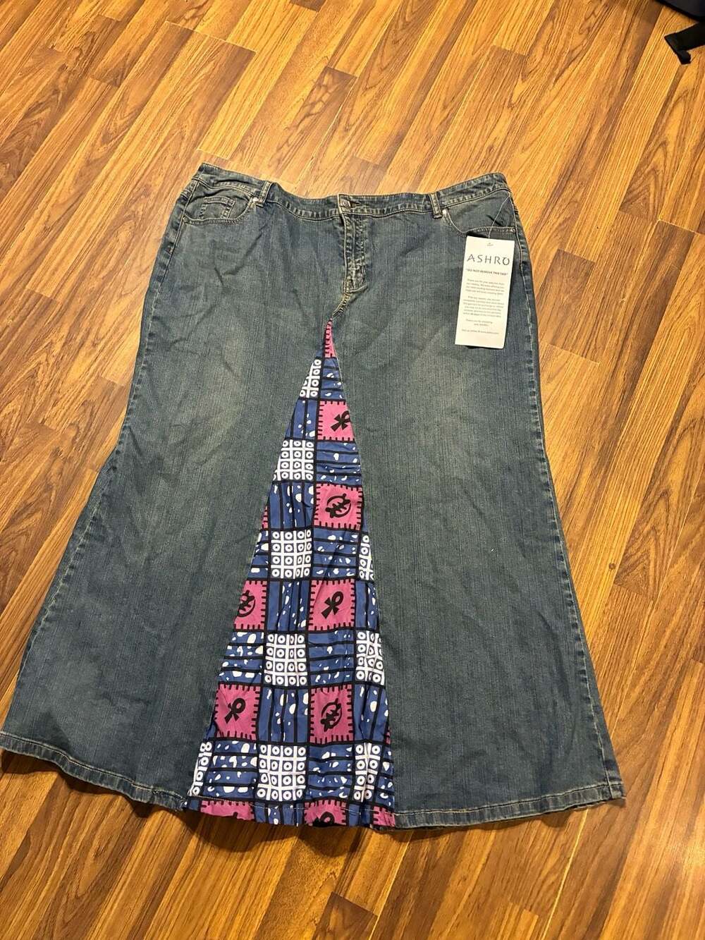 ASHRO Women's Denim Maxi Skirt with African Print Patchwork Detail